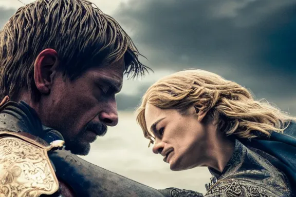 Image similar to very very intricate photorealistic photo of jaime lannister fighting cersei, photo is in focus with detailed atmospheric lighting, award - winning details