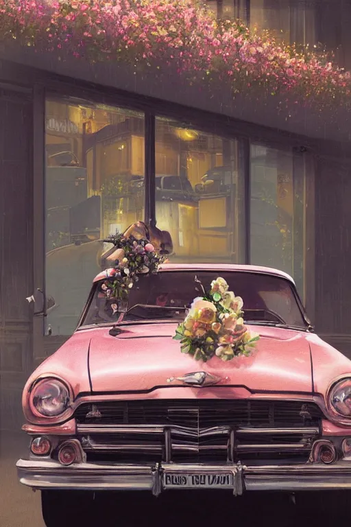 Image similar to ultra realistic illustration, old vintage car in the city with flowers blooming out the window, elegant, highly detailed, digital painting, concept art, smooth, sharp focus, illustration, art by greg rutkowski