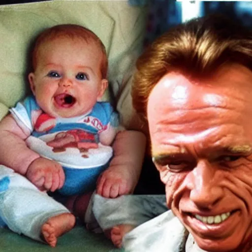 Prompt: a baby with the face of arnold scharzenegger