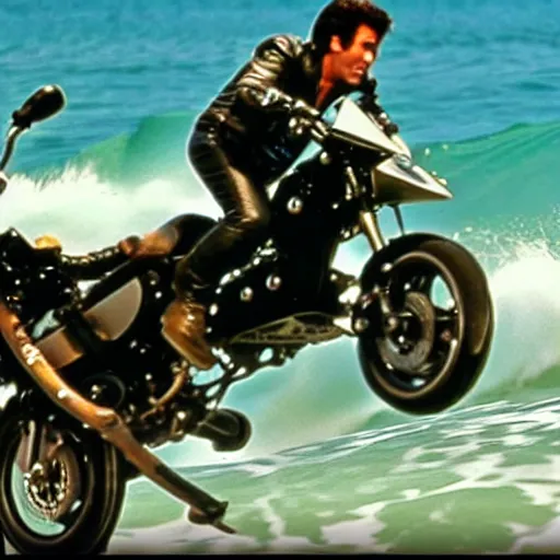 Image similar to a still of arthur fonzarelli jumping over a shark with his motorbike