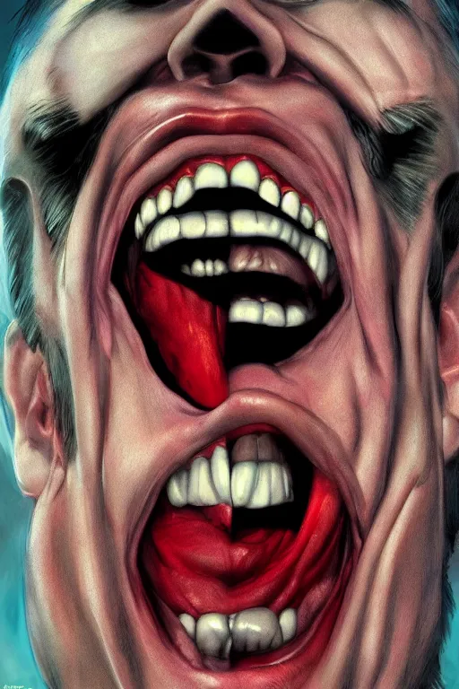 Image similar to digital portrait of a sinister laughing man by brian bolland, rachel birkett, alex ross, and neal adams | centered, deviantart, artgerm