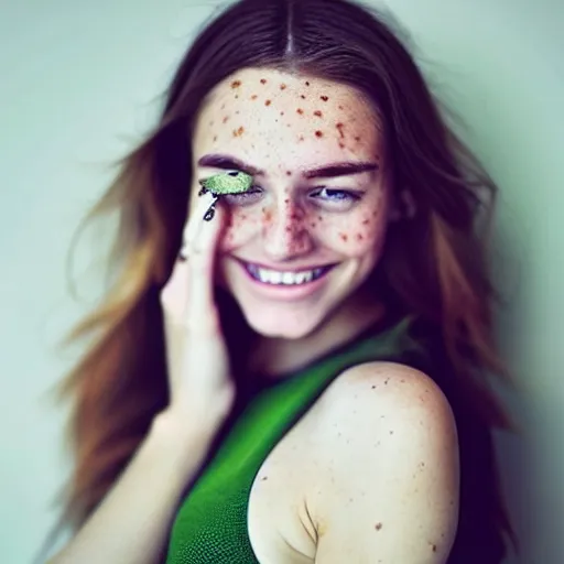 Prompt: a beautiful trending photo of over a ten million views from a beautiful freckled female fashion model's instagram account with her smiling and flashing her bright green eyes, she's is natural, easygoing and healthy, shot with nikon, leica, zeiss, 5 0 mm lens, flash fill, f 1. 8 depth of field, 8 k, professional!!!