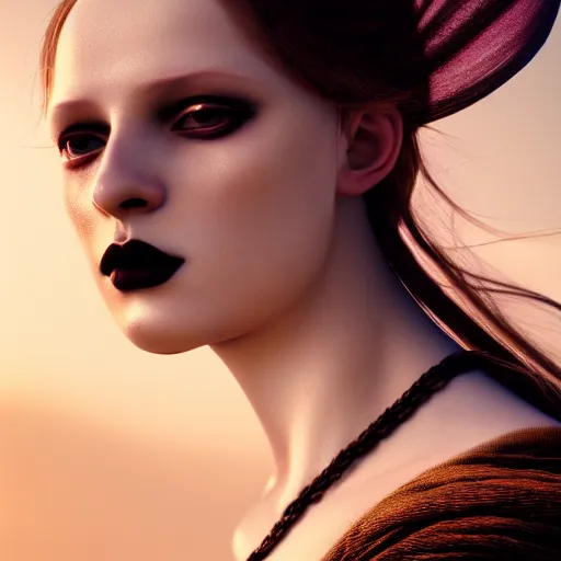 Image similar to photographic portrait of a stunningly beautiful female renaissance germanic goth pagan, in soft dreamy light at sunset, god rays, contemporary fashion shoot, by edward robert hughes, annie leibovitz and steve mccurry, david lazar, jimmy nelsson, breathtaking, 8 k resolution, extremely detailed, establishing shot, artistic, hyperrealistic, perfect face, octane render