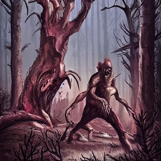 Image similar to sci - fi, hunters of monsters walking in a meat and bone forest, art by oscar chichoni