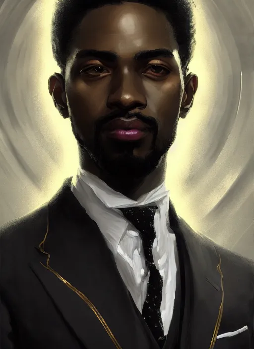 Image similar to portrait of handsome black genius in tailored suit, world map background, clean cut with goatee, intricate baroque thoughts, elegant atmosphere, glowing lights, highly detailed, digital painting, artstation, concept art, smooth, sharp focus, illustration, art by wlop, mars ravelo and greg rutkowski