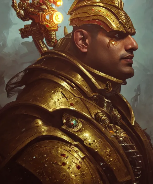 Image similar to Rishi Sunak as Warhammer 40k Emperor, portrait, fantasy, intricate, elegant, highly detailed, digital painting, artstation, concept art, smooth, sharp focus, illustration, art by artgerm and greg rutkowski and alphonse mucha