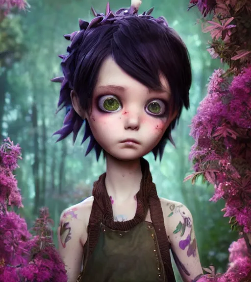 Prompt: an epic fantasy comic book style portrait painting of an extremely cute and adorable very tomboyish tomboy industrial goth dryad, character design by mark ryden and pixar and hayao miyazaki, unreal 5, daz, hyperrealistic, octane render, cosplay, rpg portrait, dynamic lighting, intricate detail, springtime vibrancy, cinematic