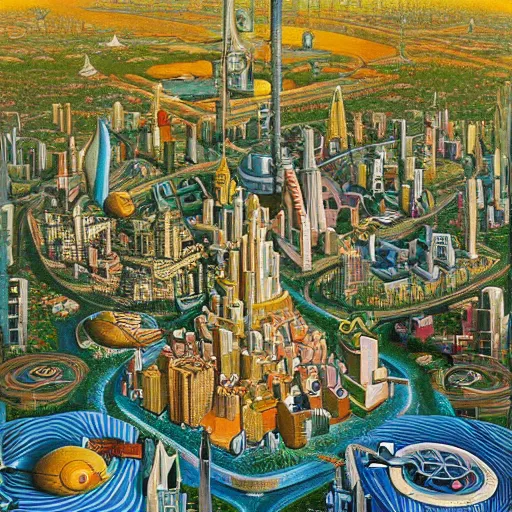 Prompt: Utopian City by Jacek Yerka and Alex Gray