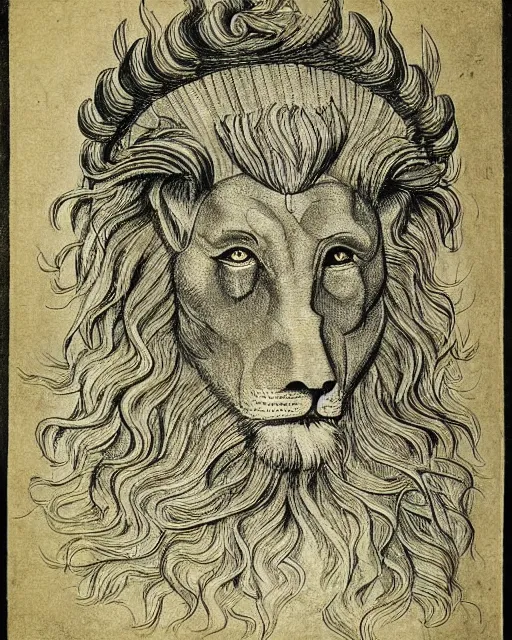 Prompt: a creature with the eyes of a man, beak of an eagle, no nose, the mane of a lion, two horns on the head. drawn by da vinci