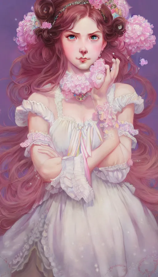 Image similar to portrait of magical lolita girl, dreamy and ethereal, pink eyes, peaceful expression, ornate frilly dress, fantasy, intricate, elegant, rainbow bubbles, highly detailed, digital painting, artstation, concept art, smooth, sharp focus, illustration, art by artgerm and greg rutkowski and alphonse mucha