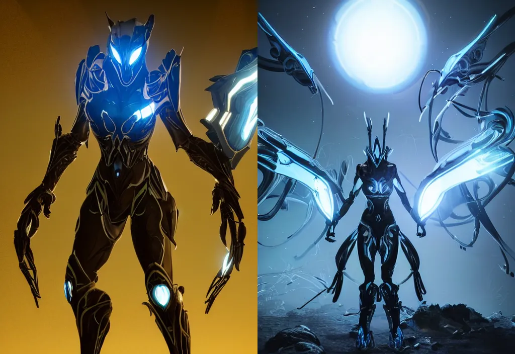 Prompt: warframe!! standing in a field at night, night time, moonlight, dark blue sky, finely illustrated, highly detailed, octane render, glowing bio lights, glowing eyes, good value control, good edge control, anime, animation, 8 k, segmented armor, segmented organic armor, moody lighting