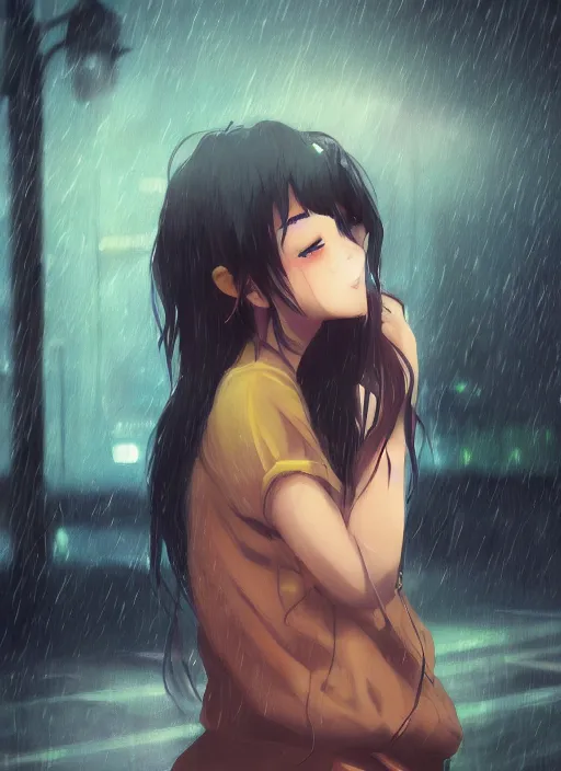 Image similar to listening to music at 2 am, night, pretty girl, pose, rain, lofi, lofi, peaceful, street light, anime key visual, poster, anime, by wlop, high quality, 4 k, trending, trending on artstation