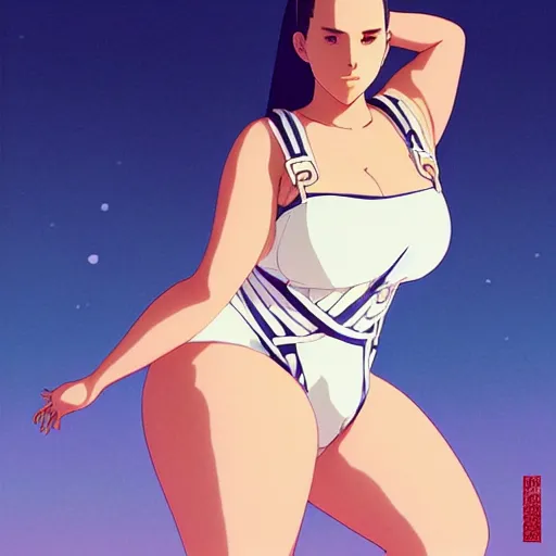 Image similar to a beautiful plus sized model japanese natalie portman, alluring plus sized model, wearing mayan leotard with overalls, street fashion hip hop style with mayan patterns, aztec street fashion, gapmoe yandere grimdark, trending on pixiv fanbox, painted by greg rutkowski makoto shinkai takashi takeuchi studio ghibli, akihiko yoshida