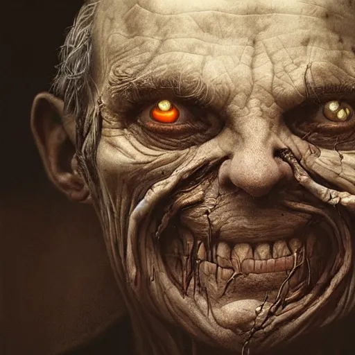 Prompt: portrait of an old man with dark rotting skin,creepy smile,digital art,art by trevor henderson,greg rutkowski,photorealistic,hyperdetailed,detailed face,deviantart,artstation,scary,eerie,creepy atmosphere,1 light source from above