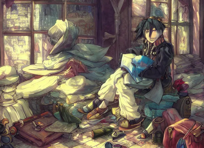 Image similar to JRPG art, a fullbody illustration of a mysterious wandering merchant sitting down wearing a large, tall backpack piled high with textiles, furs, and miscellaneous objects, in the style of yoshitaka amano