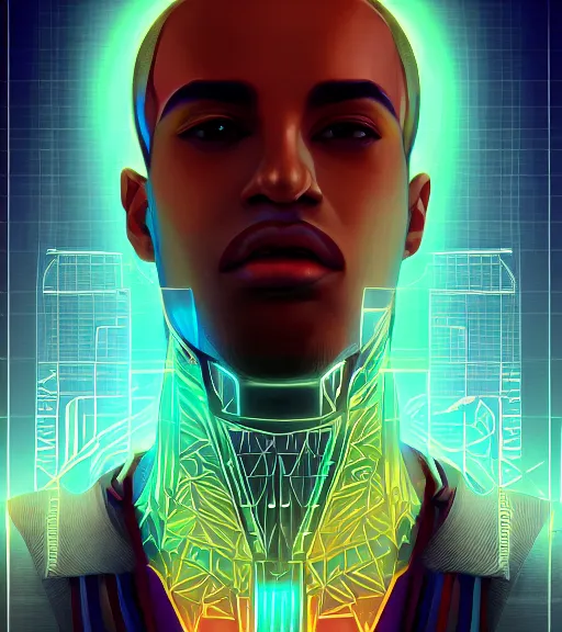 Image similar to symmetry!! egyptian prince of technology, solid cube of light, hard edges, product render retro - futuristic poster scifi, lasers and neon circuits, brown skin man egyptian prince, intricate, elegant, highly detailed, digital painting, artstation, concept art, smooth, sharp focus, illustration, dreamlike, art by artgerm