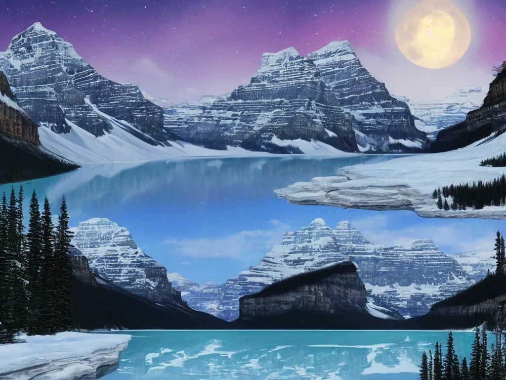 Image similar to a matte painting of Lake Louise in fall, moonlight, northern lights, highly detailed, artstation, HD wallpaper