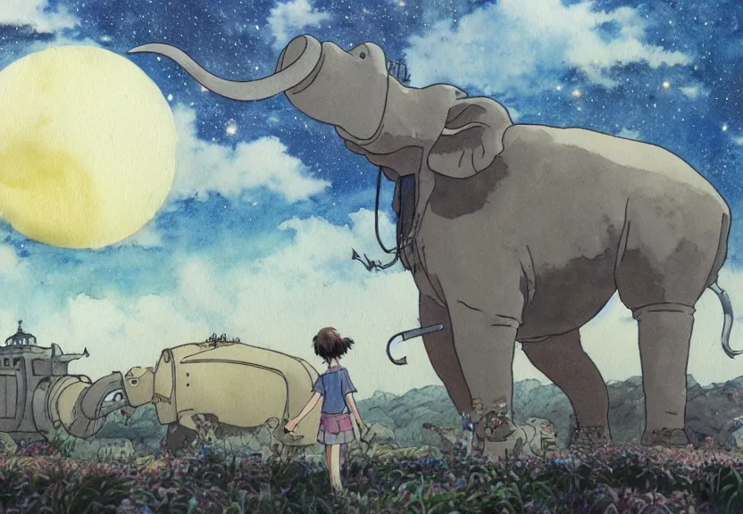 Image similar to a hyperrealist watercolor concept art from a studio ghibli film showing a giant grey lovecraftian mechanized elephant from howl's moving castle ( 2 0 0 4 ). a hindu is under construction in the background, in india on a misty and starry night. by studio ghibli. very dull muted colors