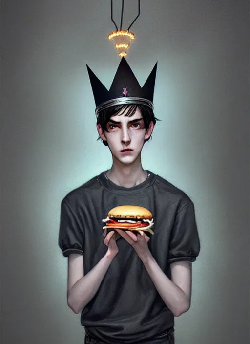 Image similar to portrait of teenage jughead jones wearing a light grey crown, crown, eating hamburger, eyes closed, crown, black hair, intricate, elegant, glowing lights, warm lighting, highly detailed, digital painting, artstation, concept art, smooth, sharp focus, illustration, art by wlop, mars ravelo and greg rutkowski