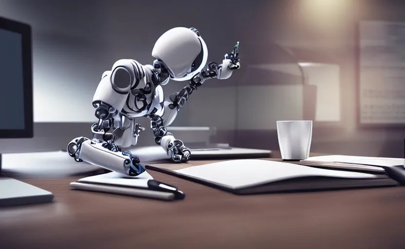 Prompt: detailed hyperrealistic digital art of a robot at a desk job with a cup of coffee, detailed