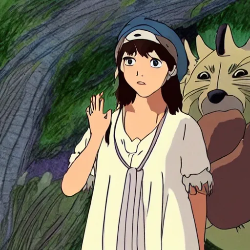 Image similar to jenna coleman as san in the studio ghibli movie princess mononoke, studio ghibli art