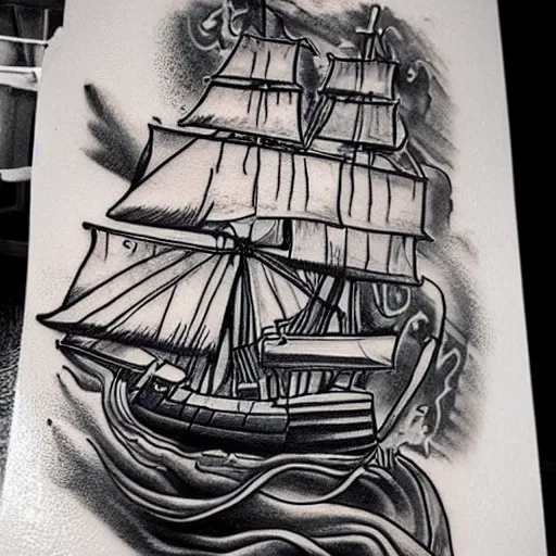 Image similar to a pirate ship sailing in the sea, realism tattoo design, white background, by Matteo Pasqualin tattoo artist