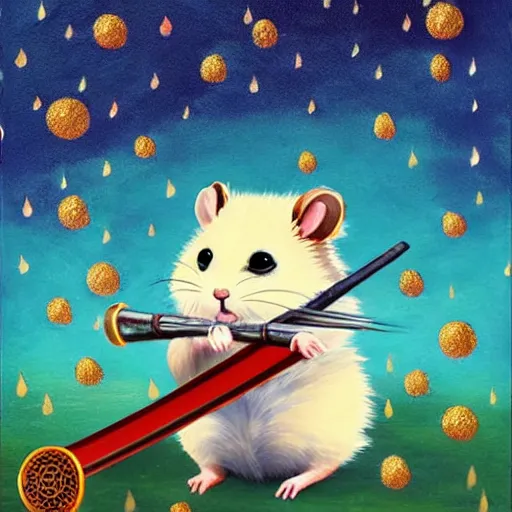 Prompt: japanese hamster samurai. with long sword. anime art. painting. rain of meteors on background