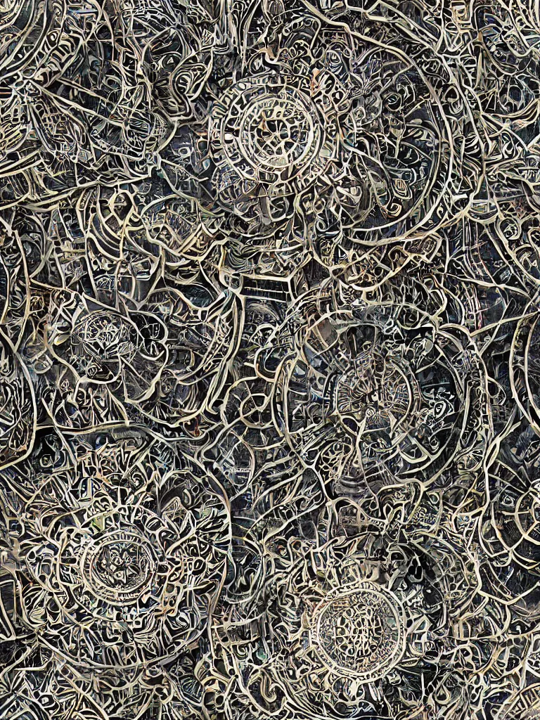 Image similar to symmetrical mandala pattern of machine guns, shotguns, rifles, revolvers, bullets, styled as a tattered paperback cover, ultra-realistic, intricate fluid details,