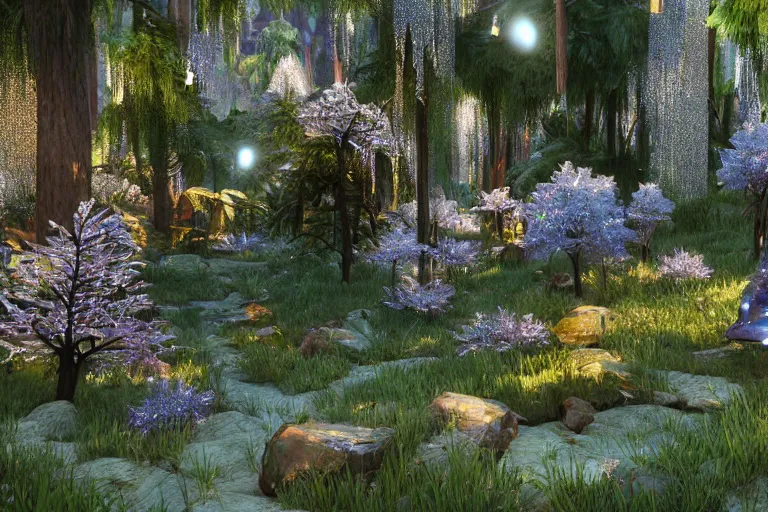 Image similar to crystal forest with gilded trees and jeweled flowers by unreal engine, photorealistic