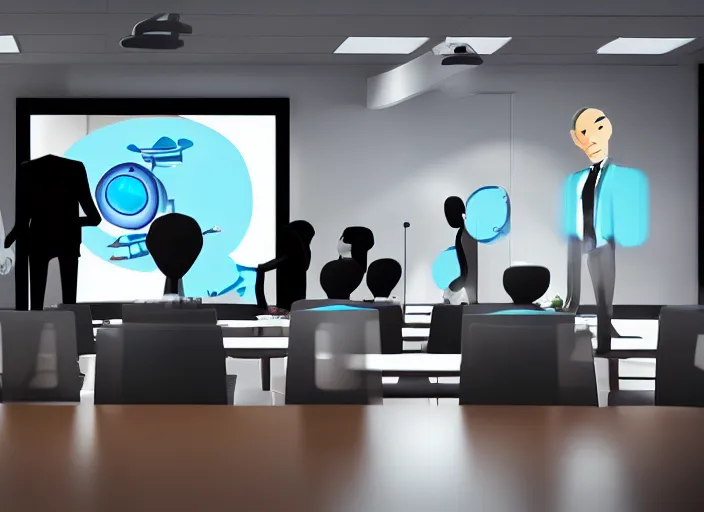 Image similar to A business meeting room. there are ONLY 2 people in the room. the first is a severed human head. flying human head. The head is Hovering with no body. the second person is the room is a Robot. there are no more people in the room.