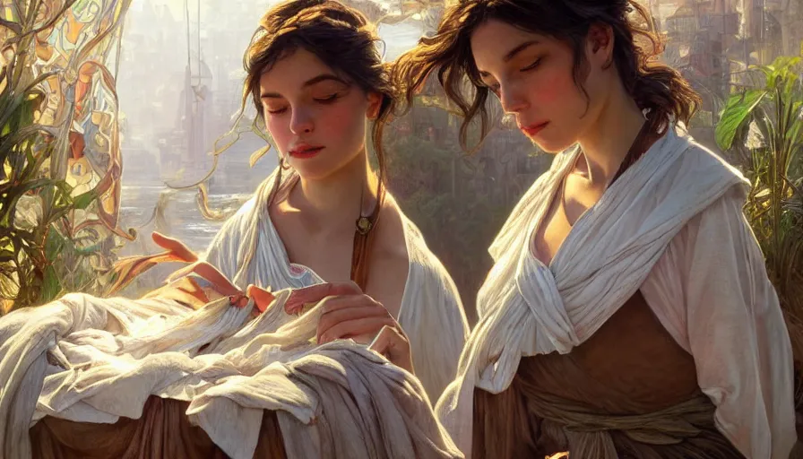 Image similar to perfectly-centered-Portrait of the most beautiful people on the planet, river, washing clothes, intricate, highly detailed, digital painting, artstation, concept art, smooth, sharp focus, illustration, Unreal Engine 5, 8K, art by artgerm and greg rutkowski and alphonse mucha