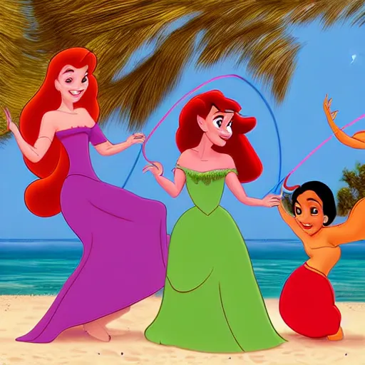 Prompt: disney princesses raya, ariel, and tiana, all playing with hula hoops on the beach, disney style digital art, high quality, 4 k