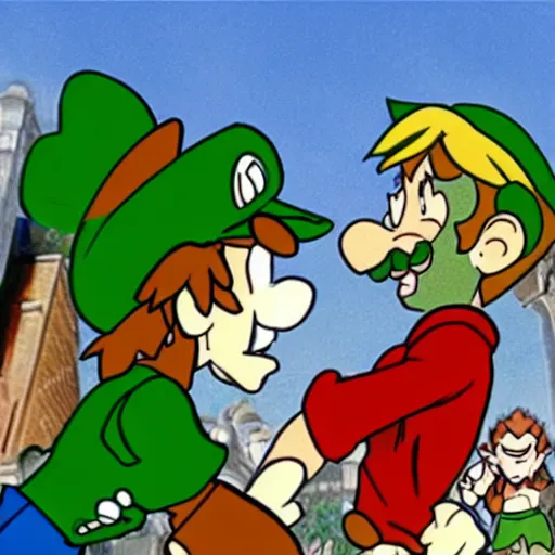 Image similar to shaggy rogers fighting ( ( ( mario ) ) )