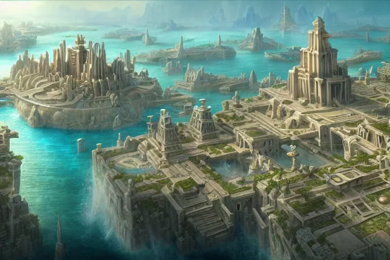 Prompt: a beautiful complex insanely detailed matte painting of the futuristic ancient city of Atlantis by Heironymous Bosch!!!!!!!, by James Gurney and Tyler Edlin, 4k, trending on artstation, aerial view