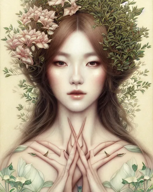 Prompt: portrait of a beautiful lady of nature, graceful beauty, nature aesthetics, muted colors, head in focus, intricate, elegant, painterly, artstation, artistic, concept art, hasselbrad photography, sharp focus, illustrative, art style by chie yoshii
