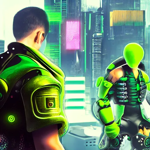 Image similar to cyberpunk super mario super realistic in neon green exoarmour in a cinematic composition