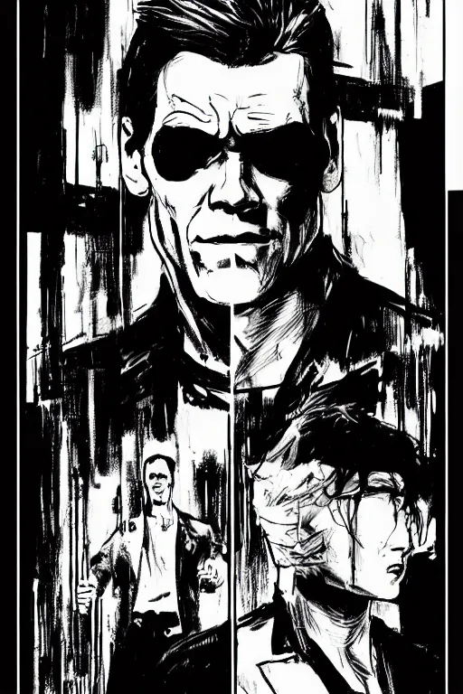 Image similar to jim carrey in the matrix, a page from cyberpunk 2 0 2 0, style of paolo parente, style of mike jackson, adam smasher, johnny silverhand, 1 9 9 0 s comic book style, white background, ink drawing, black and white