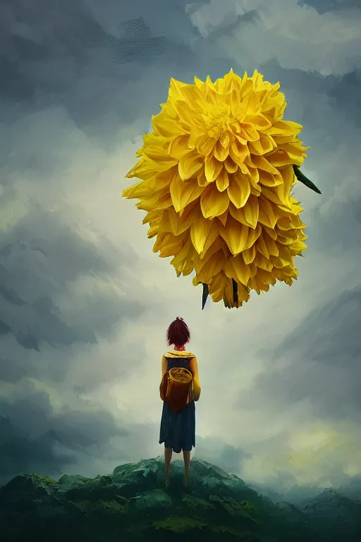 Image similar to closeup girl with huge yellow dahlia flower face, intricate, standing on mountain, surreal photography, blue storm clouds, dramatic light, impressionist painting, digital painting, artstation, simon stalenhag