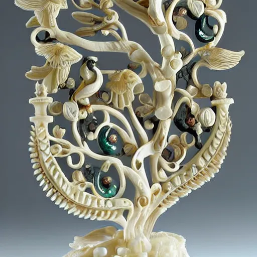 Image similar to a intricate ivory carving sculpture with birds lemons jade stones and jungle leaves, ornate, complex, highly detailed, fine detail