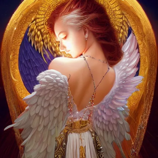 Prompt: A beautiful digital painting of a female angel full of jewels, princess, the moon behind her, intricate, cinematic lighting, highly detailed, digital painting, Artstation, concept art, smooth, sharp focus, illustration, art by Tom Bagshaw, Artgerm and Greg Rutkowski