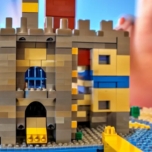 Prompt: a gopro shot from within a lego castle