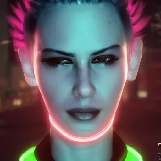 Image similar to detailed realistic cyberpunk female character cyberpunk wearing steel collar around neck, realistic, art, beautiful, 4K, collar, choker, collar around neck, punk, artstation, detailed, female, woman, choker, cyberpunk, neon, punk, collar, choker, collar around neck, thick collar, choker around neck, wearing choker, wearing collar, bright neon punk hair,