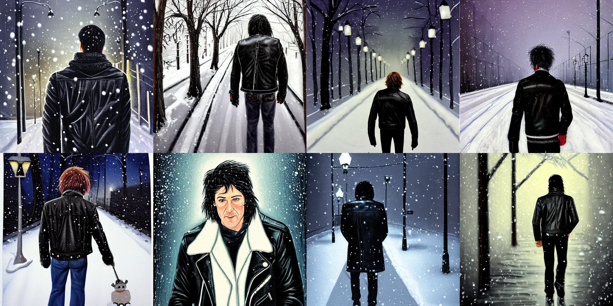 Prompt: snow - covered man from back in pacing to empty alley with street lamps in park with pines to the horizon, dressed in short leather jacket, snowfall at night, 1 9 8 0 s mullet haircut, black hairs, half - length portrait, perfect symmetrical eyes, cinematic by kezie demessance rutkowski, painting, digital art, detailed, hyperrealism, igla movie shot