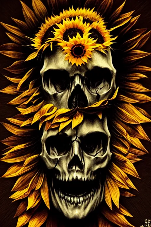 Image similar to skull head made of sunflower, spooky halloween theme, wallpaper aesthetic, creepy, cinematic, dramatic, super detailed and intricate, 4 k render, by koson ohara, by darwyn cooke, by satoshi kon