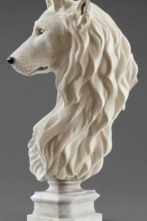 Image similar to a white marble bust of a wolf with gold filigree