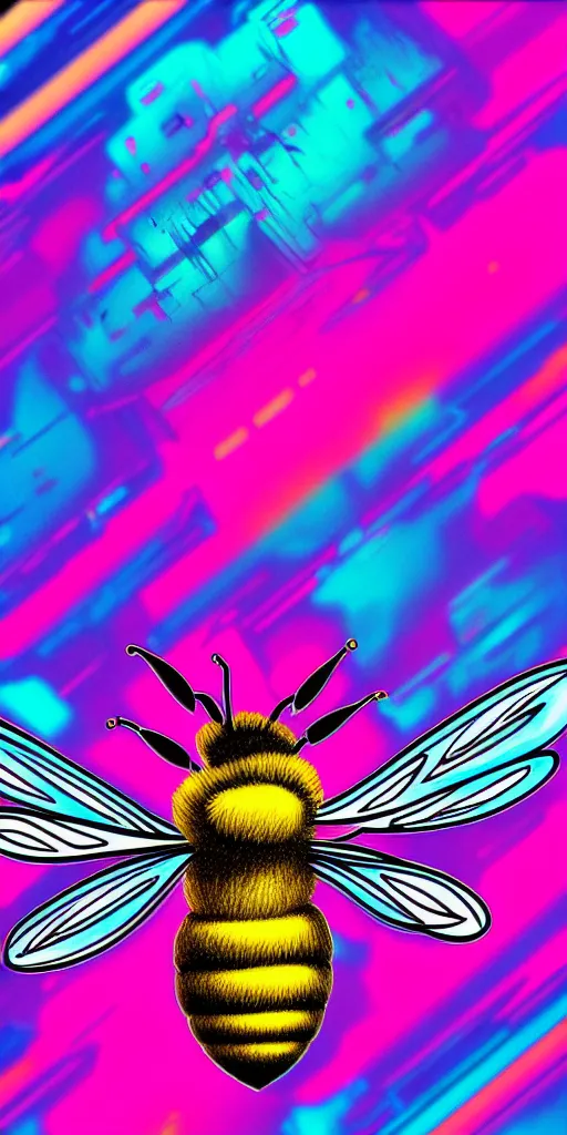 Image similar to hyper detailed ultra sharp of a beautiful bee. trending on artstation, vaporwave aesthetic, synthwave, colorful, psychedelic, digital painting, concept art, smooth, sharp focus, illustration, 8 k