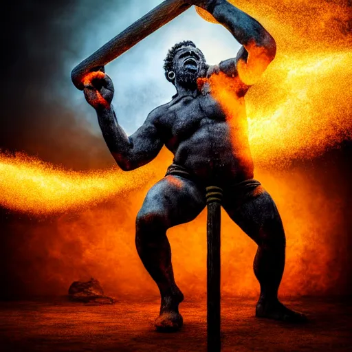 Image similar to a very strong blacksmith swinging his hammer he is made of psychedelic dust clouds dancing in the wind, hyper realistic, roaring fire, midday, realistic lighting, psychedelic dust, psychedelic dust, psychedelic dust, Very strong Blacksmith, photo realistic, 4k