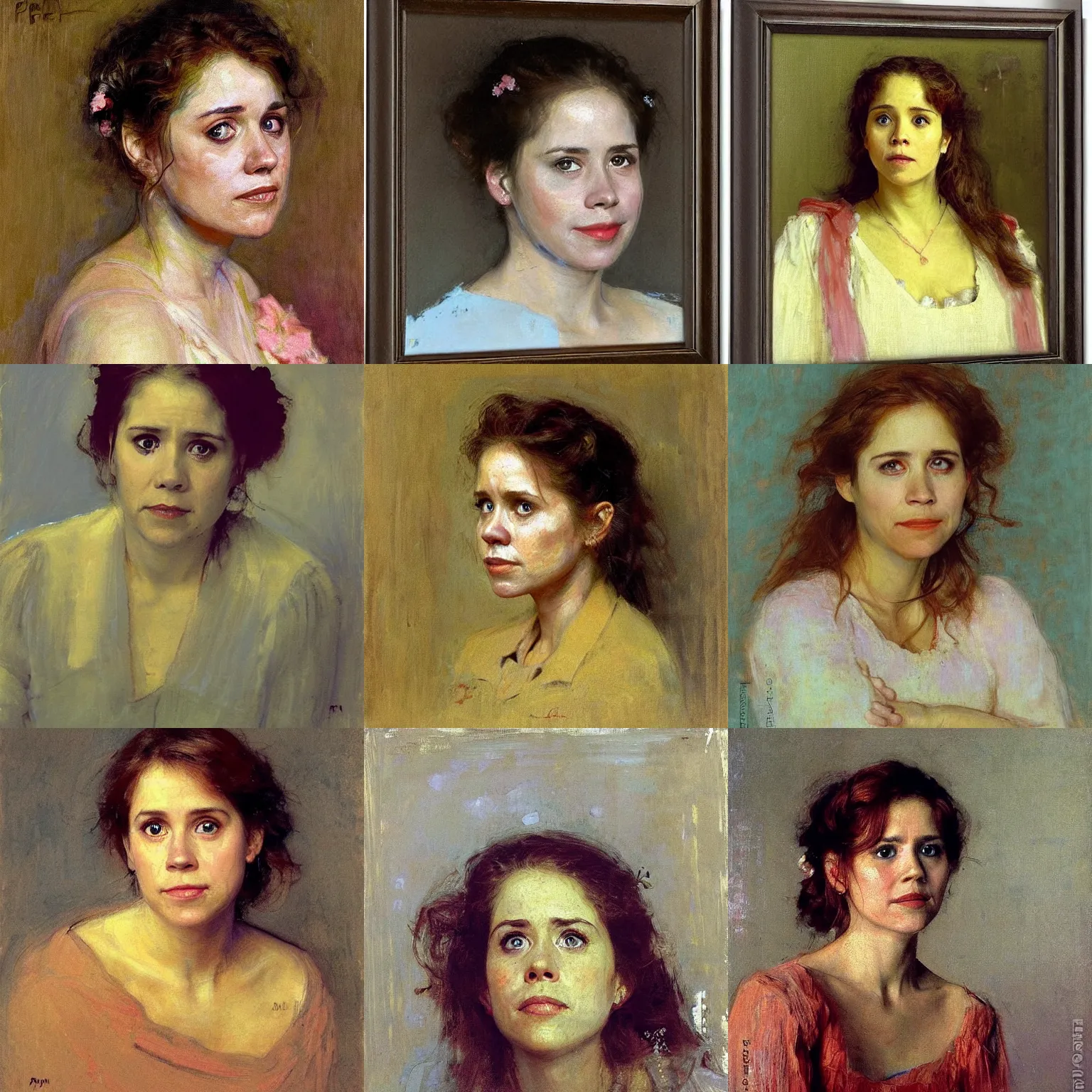 Prompt: portrait of pam beesly without makeup by ilya repin