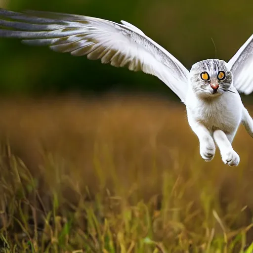 Image similar to award winning nature photo of a flying cat with dove wings, 4k, sharp, corrected