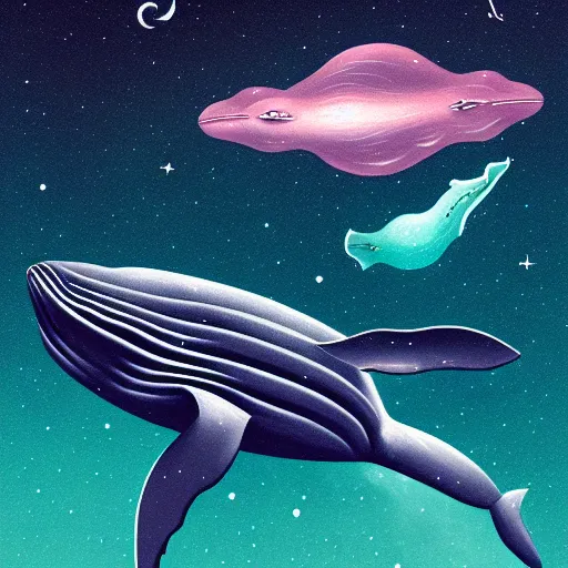 Image similar to portrait of whale swimming on a night sky, swimming across the universe, oniric, dreamy, beautiful, highly detailed, cinematic, trending on artstation